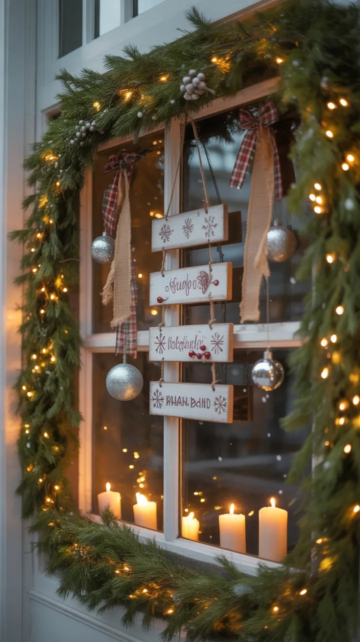 A Cozy Rustic Christmas Window Aglow with Pine, Burlap, and Candlelight