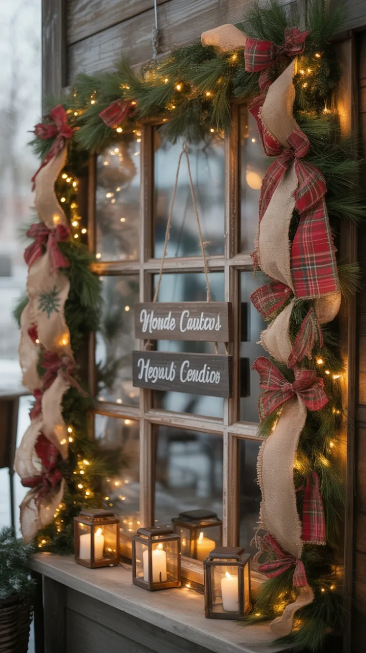 Cozy Rustic Christmas Window of Burlap, Garland and Candlelight
