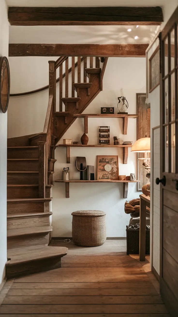 Step into a world of warmth and character. This rustic entryway, with its winding wooden staircase and shelves brimming with treasured finds, whispers tales of generations past. A gentle light from a vintage lamp illuminates the path ahead, promising comfort and a sense of belonging. A perfect blend of old-world charm and modern coziness.