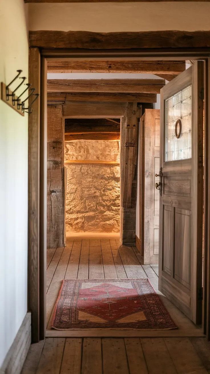 The aged wood and stone of this entryway tell a story. A timeless beauty unfolds, inviting you to explore the rustic hallway beyond. A sanctuary of peace and tranquility, ready to welcome you home.