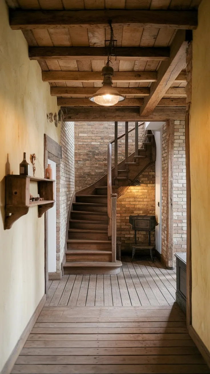 The worn wooden planks underfoot whisper stories of generations past, while the exposed brick and aged beams overhead create a haven of rustic charm. A simple wooden shelf holds treasured keepsakes, and the vintage light fixture casts a warm glow, illuminating the inviting space. A perfect blend of history and home.