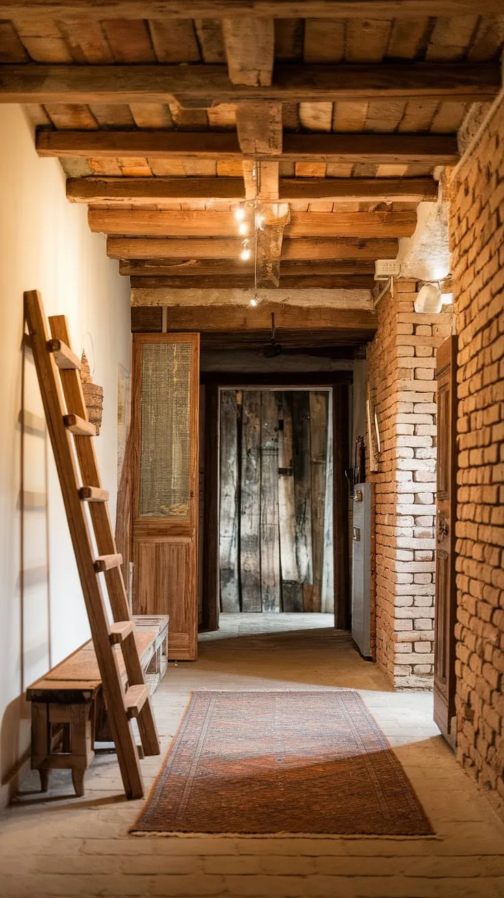 This rustic entryway, with its exposed brick and warm lighting, welcomes you home. The worn rug underfoot and wooden ladder leaning against the wall speak of a lived-in comfort, a testament to the stories held within these aged walls. A sense of history and warmth permeates every inch of this space, inviting you to linger and explore what lies beyond. A perfect blend of rugged charm and cozy ambiance.