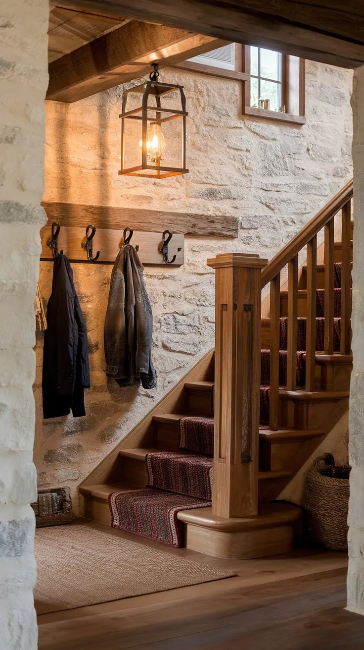 Step into warmth and rustic charm. The stone walls, wooden staircase, and gentle lantern light create an inviting entryway, a perfect blend of a comfort and timeless style.
