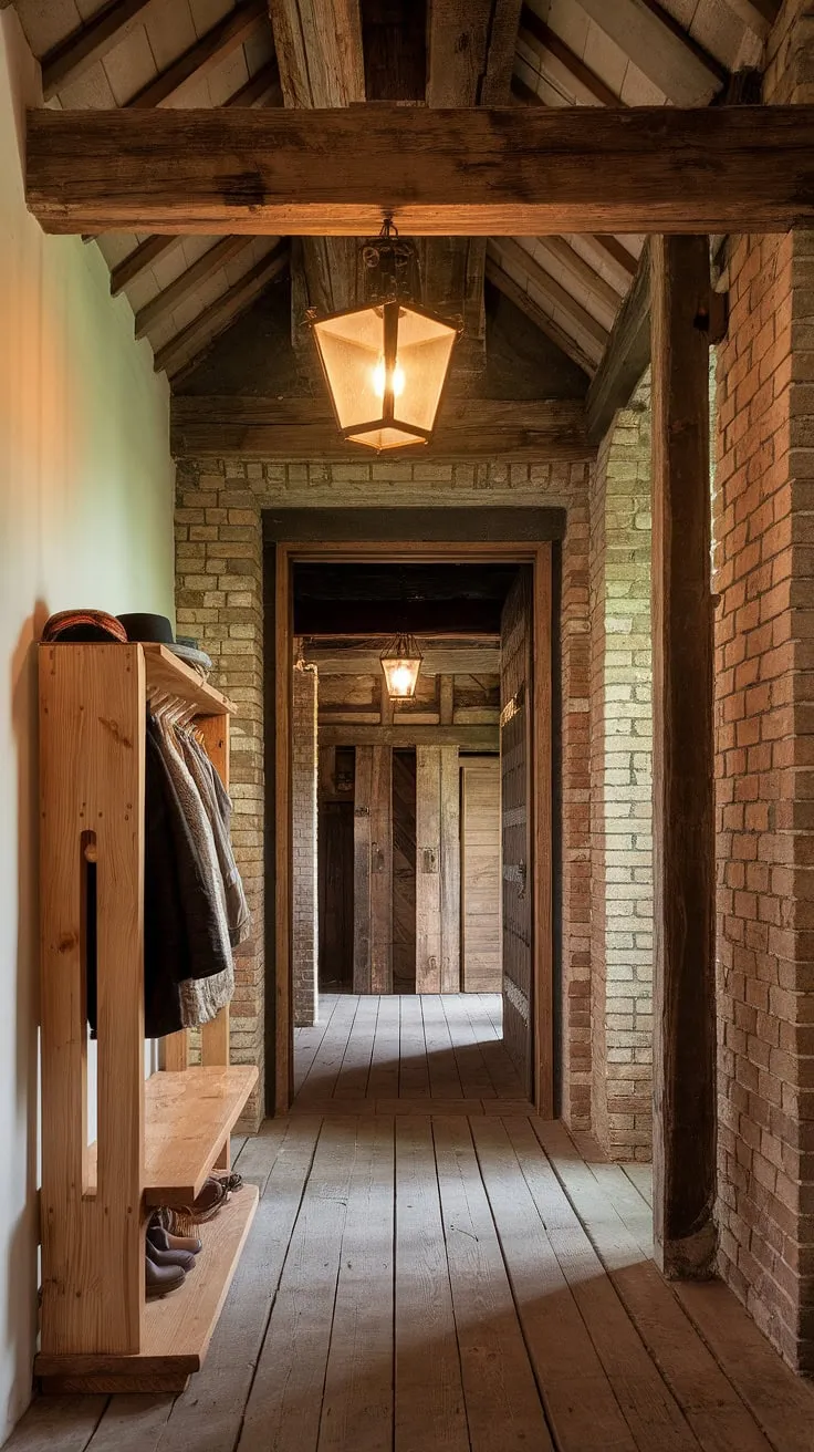 The heart of the home. This rustic entryway, complete with exposed brick, wooden beams, and a charming vintage light fixture, a sets a welcoming tone from the very first step. The aged wood and inviting atmosphere promise comfort and character.