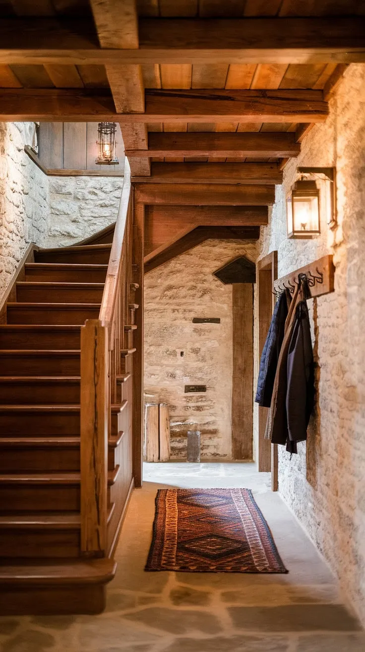 Step into a world of rustic charm where the warmth of the wooden staircase and stone walls welcomes you home. The aged beams overhead and soft glow of the lantern create an atmosphere of timeless comfort and a tranquility.