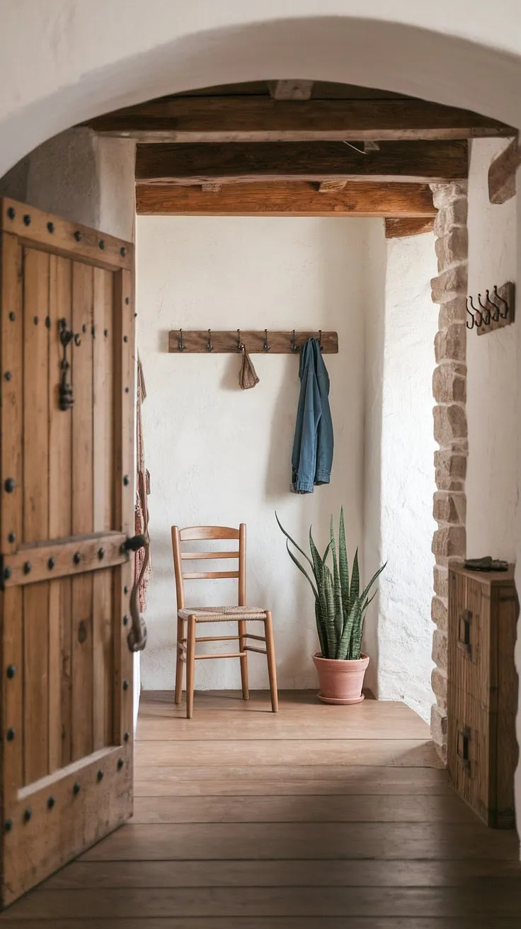 Step into a world of rustic charm, where the warmth of a wooden door welcomes you into a space adorned with simple pleasures: a weathered chair, a coat rack ready for adventures, and a thriving plant adding a touch of life to the stone walls. This entryway whispers tales of cozy evenings and welcoming hearts.