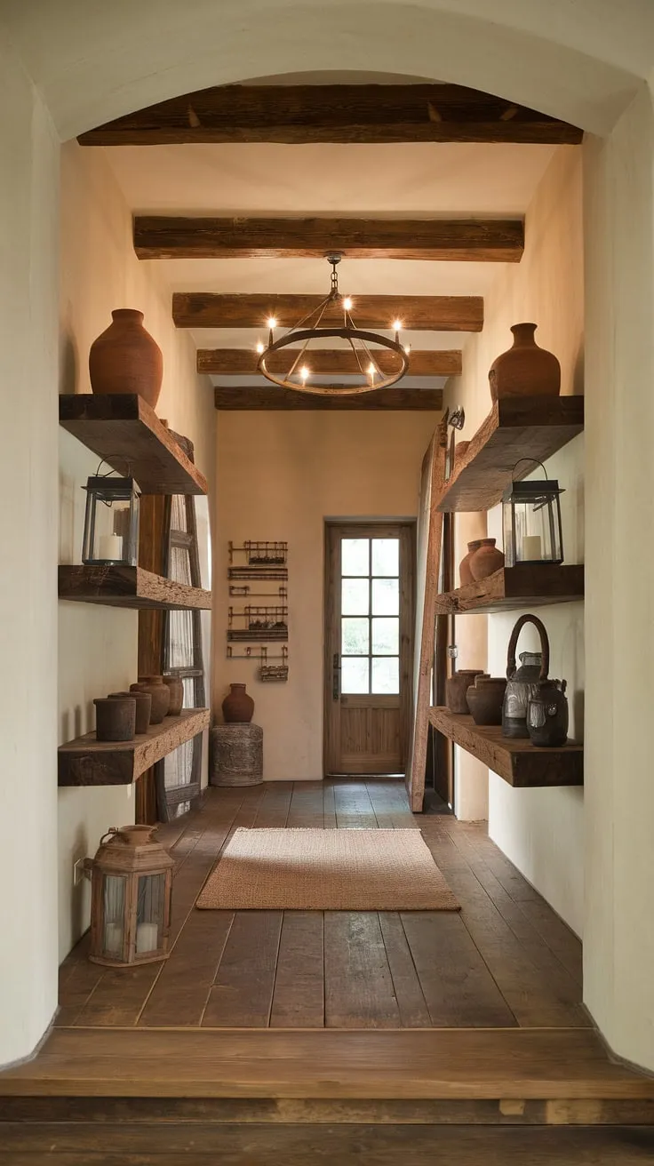 Step into a world of rustic charm where warm lighting and exposed wooden beams create an inviting atmosphere. The handcrafted shelves, adorned with vintage pots and lanterns, add a touch of history to this cozy entryway. A perfect blend of comfort and character.