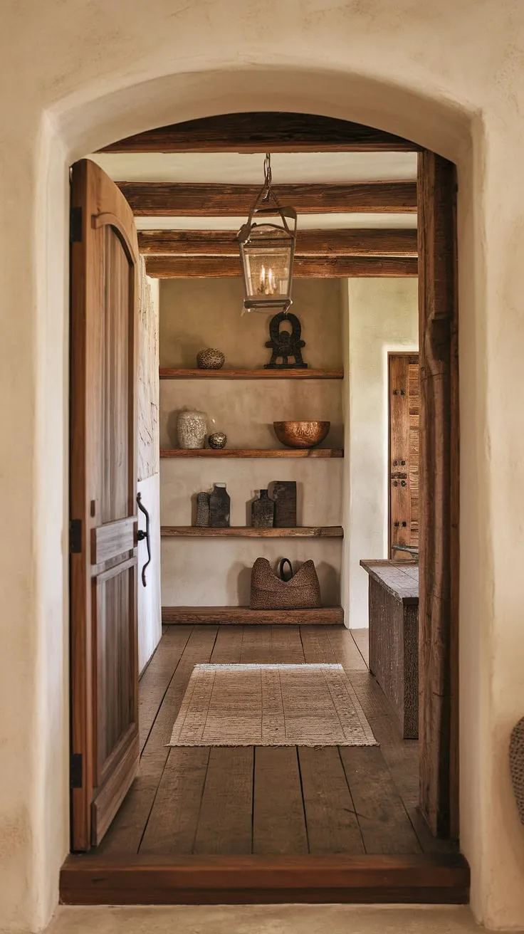 Step into a world of rustic charm where the warmth of exposed wooden beams and the glow of a hanging lantern welcome you home. The textured walls, adorned with decorative treasures, whisper tales of comfort and A sense of belonging.