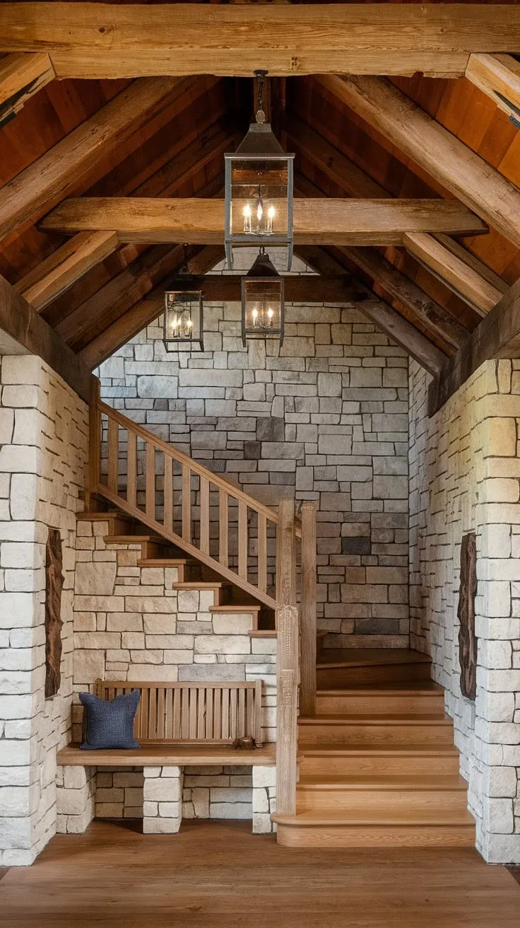 A haven of rustic elegance awaits. The interplay of natural stone and warm wood creates a captivating entryway. Lanterns cast a gentle light, illuminating the inviting wooden staircase and the comfortable bench below. A perfect blend of comfort and character, this space whispers tales of history and promises peaceful moments. A sanctuary for the soul.