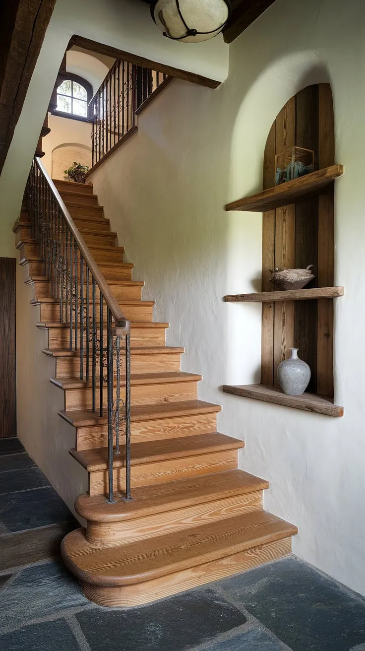 The worn wooden steps whisper stories of generations past, their grooves a testament to time spent in this rustic haven. A simple shelf holds cherished mementos, a quiet tribute to the memories made within these walls. The wrought iron railing, a delicate counterpoint to the sturdy wood, guides you upward to what secrets await.