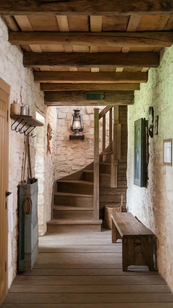 Step into a world of rustic charm where the warmth of aged wood and stone whispers tales of time gone by. A vintage lantern casts a gentle glow, illuminating the worn wooden planks underfoot and the sturdy wooden staircase leading to untold adventures. A simple wooden bench offers a moment's rest, while rustic hooks beckon you to hang your hat and settle in.