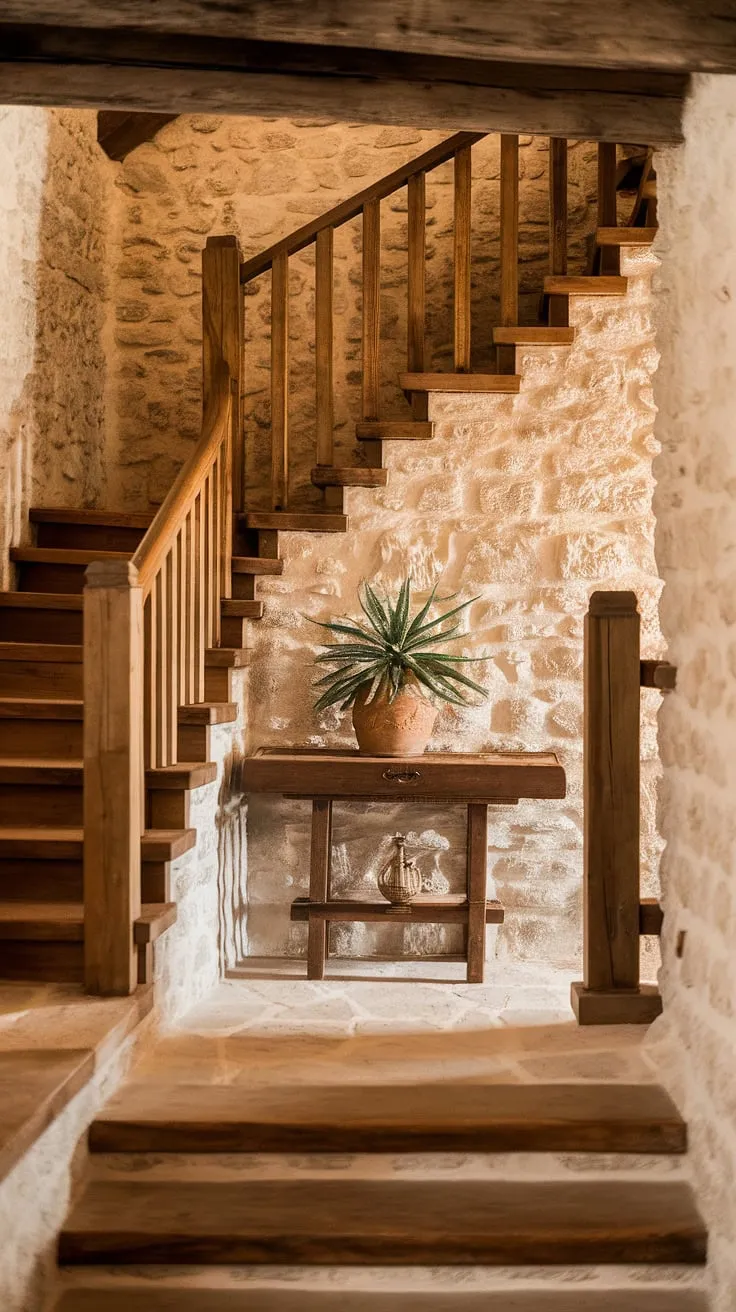 This stone-walled entryway, bathed in the golden light of a late afternoon, whispers tales of history and enduring strength. The sturdy wooden staircase, complete with its hand-hewn rails, leads upward to unknown adventures. A simple plant pot on the table below adds a touch of unexpected serenity to this timeless scene.