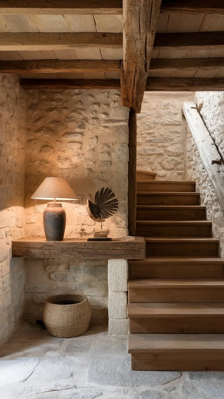 The rough-hewn stone walls and aged wooden beams whisper tales of generations past, a comforting embrace in this rustic entryway. A simple wooden shelf, holding a warm lamp and cherished mementos, adds a touch of lived-in charm. The sturdy staircase, a testament to time, beckons you to explore what lies beyond.