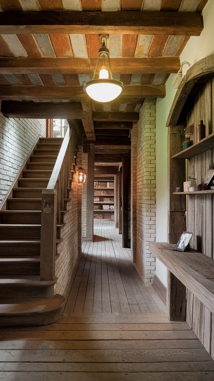 This rustic entryway, with its aged wooden planks and exposed brick, is a testament to enduring beauty. The handcrafted wooden beams and vintage light fixture create a warm and welcoming atmosphere, while the simple wooden shelf adds a touch of rustic elegance. A glimpse down the hallway reveals more of the home's charming character, promising further exploration and discovery.