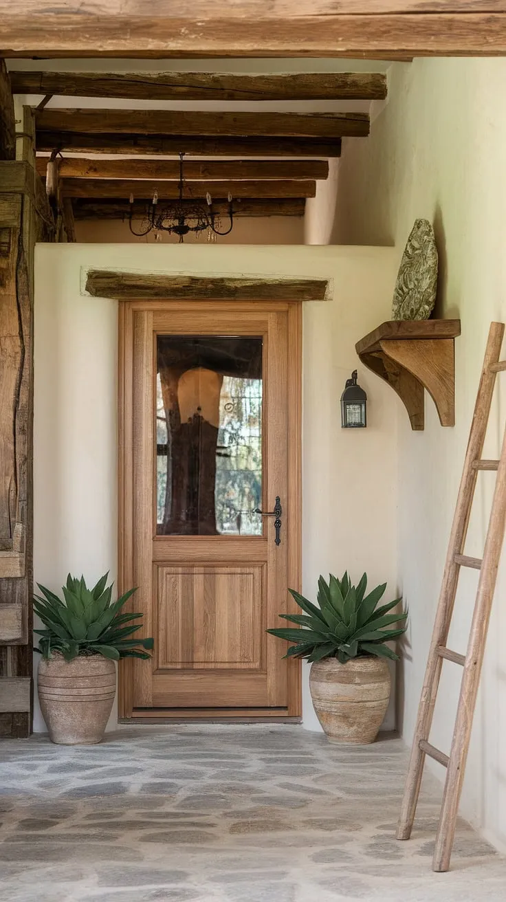 This rustic entryway, with its aged wooden door and charming glass window, speaks volumes about the character within. A simple yet elegant shelf displays a decorative piece, while lush potted plants add a touch of nature. The stone floor, exposed wooden beams, and a grand chandelier in the background create a captivating ambiance. A rustic wooden ladder leans casually against the wall, adding a touch of A-dorable imperfection to this perfectly imperfect space.