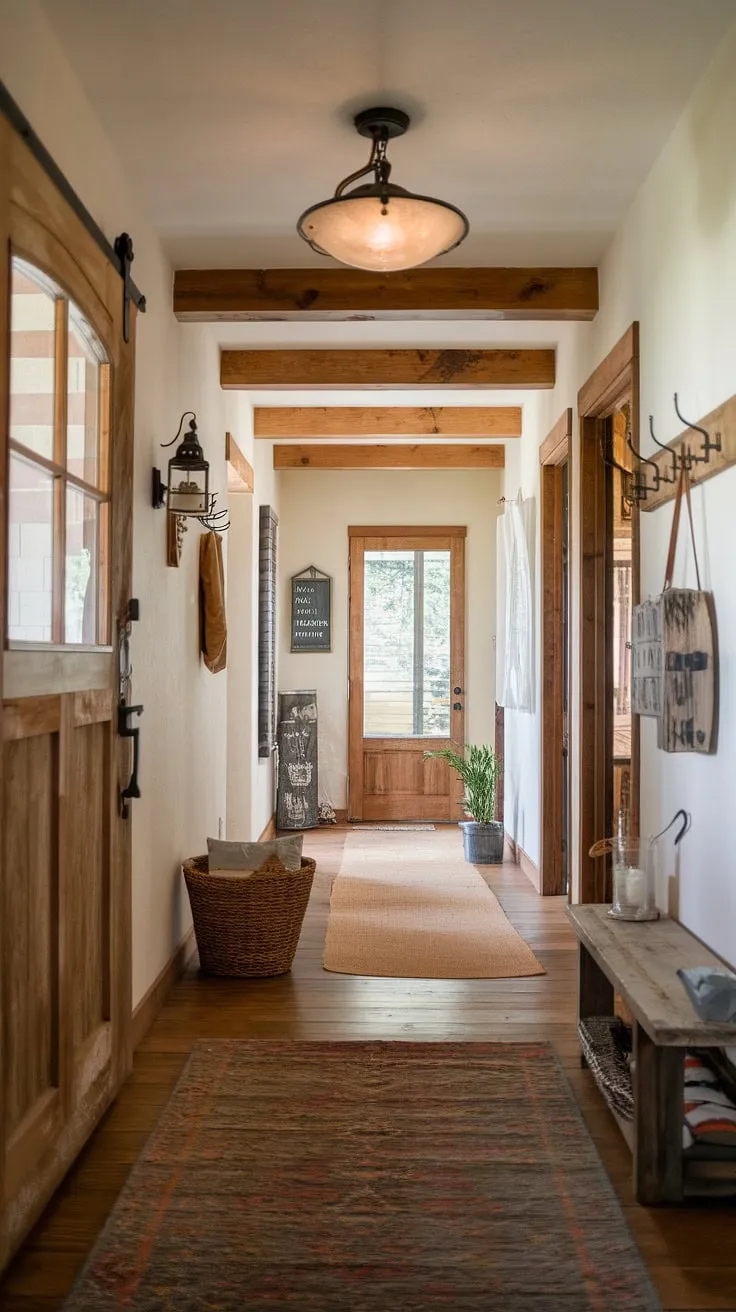 Step into a world of rustic charm where the warmth of aged wood and the glow of a vintage lantern welcome you home. This entryway, with its worn rug and thoughtfully placed details, whispers tales of cozy evenings and cherished memories. A perfect blend of comfort and character, it's a space where everyday life feels extraordinary.