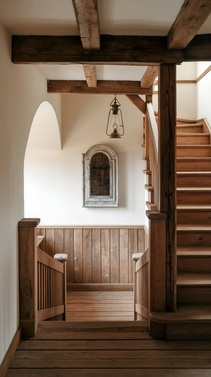 This rustic entryway, with its exposed wooden beams, a hanging lantern casting a warm glow, and a beautifully aged mirror, speaks volumes. A testament to enduring style and handcrafted detail, it's a space that invites you to pause and appreciate the simple things. A haven of peace and quiet.