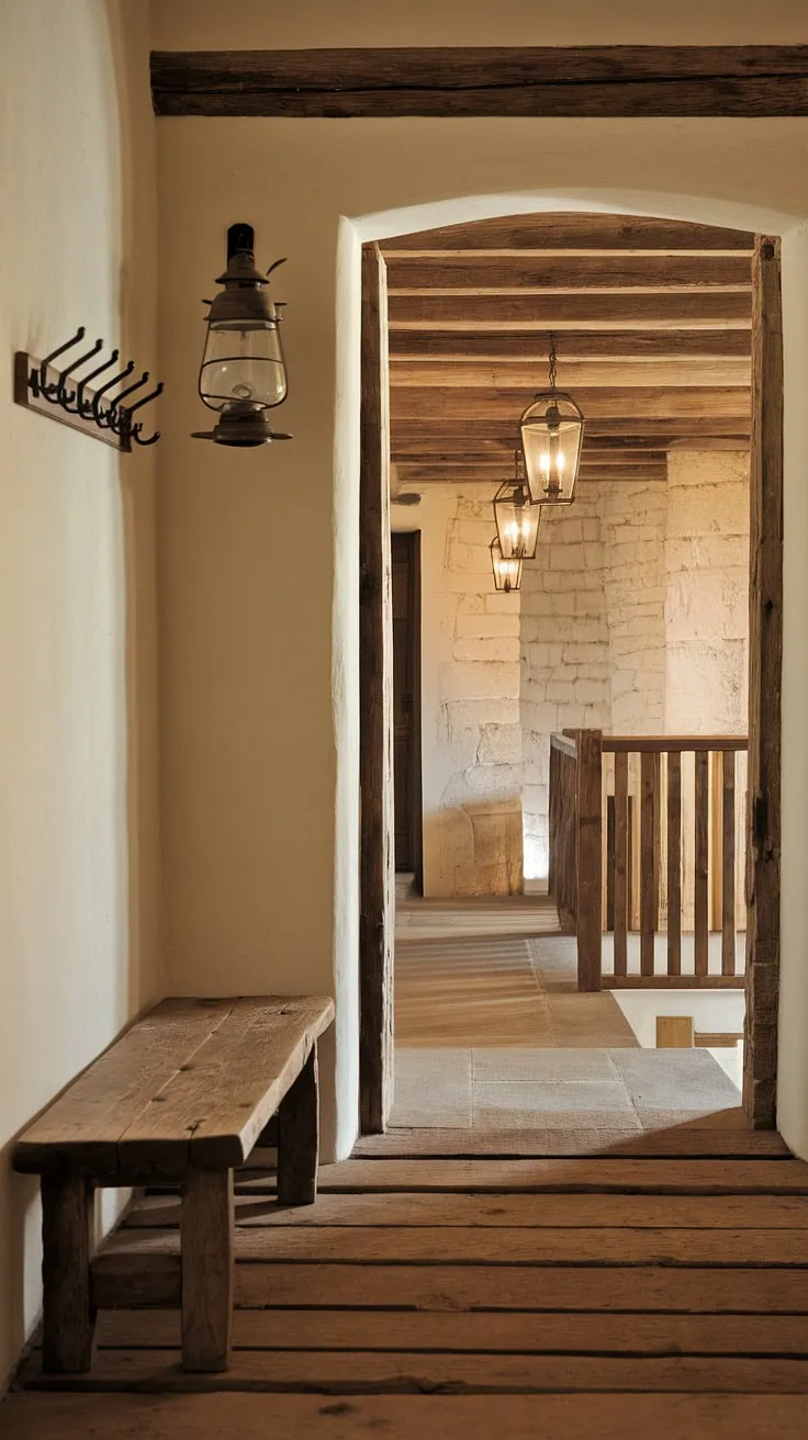 This rustic hallway, with its exposed beams, stone walls, and vintage lantern, welcomes you home. The handcrafted wooden bench and coat rack add a touch of practical elegance, creating a space that's both inviting and effortlessly stylish. A perfect blend of comfort and character.