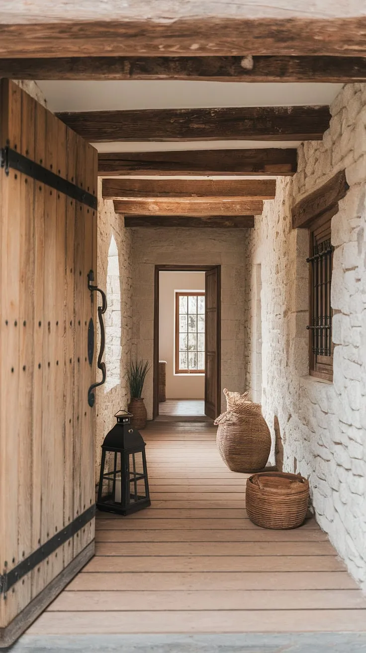 Step into a world where time slows down. The rustic charm of this stone entryway, with its aged wooden door and exposed beams, whispers tales of generations past. A simple lantern and woven basket hint at the cozy warmth awaiting within, a sanctuary where the past and present intertwine. The hallway, bathed in the soft glow of natural light filtering through a barred window, beckons you to explore further.