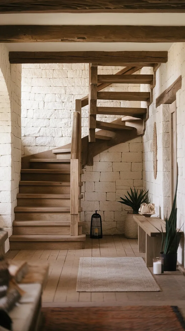 The worn wooden staircase, a testament to time, winds its way upwards, each rustic landing whispering tales of generations past. A simple bench offers a moment's rest, while the stone walls, etched with the passage of years, provide a backdrop of enduring strength. A flickering lantern and a thriving plant add warmth to this inviting, aged entryway. This is where history meets home.