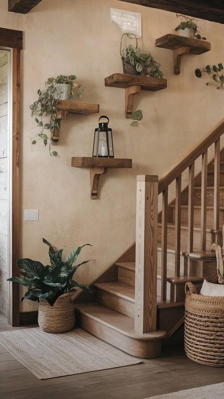 A haven of tranquility awaits. This rustic entryway, with its wooden staircase, charming shelves, and soft rug, invites you to pause and appreciate the simple beauty of handcrafted details. A space where the scent of wood and earth intertwines, creating a truly serene atmosphere.