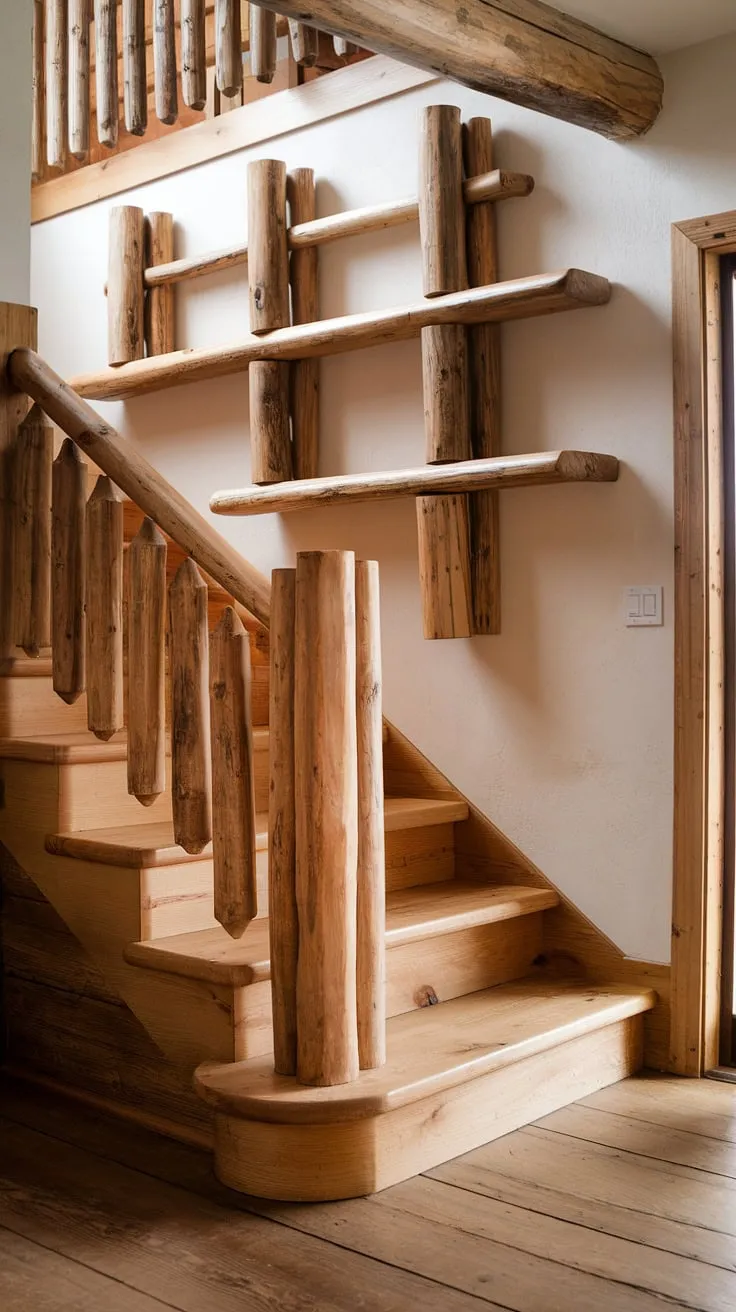 This rustic haven beckons. The handcrafted wooden staircase, complete with its log railing and built-in storage, speaks to a simpler time, filled with comfort and the promise of cozy evenings. A true testament to timeless design.