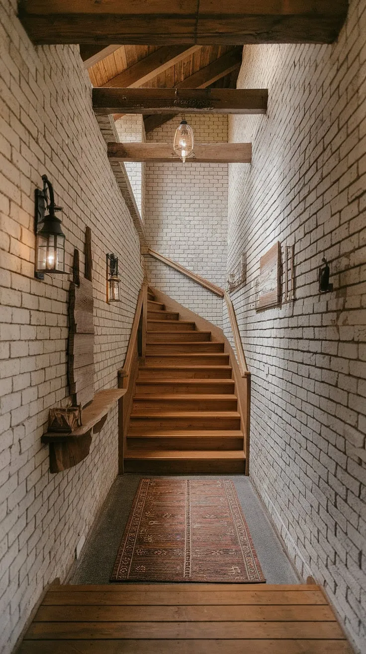 A charming blend of rustic textures and inviting spaces. This entryway, with its exposed brick walls, high wooden-beamed ceiling, and cozy rug, creates an atmosphere of warmth and welcome. A testament to the beauty of handcrafted details and the enduring appeal of a home filled with character.
