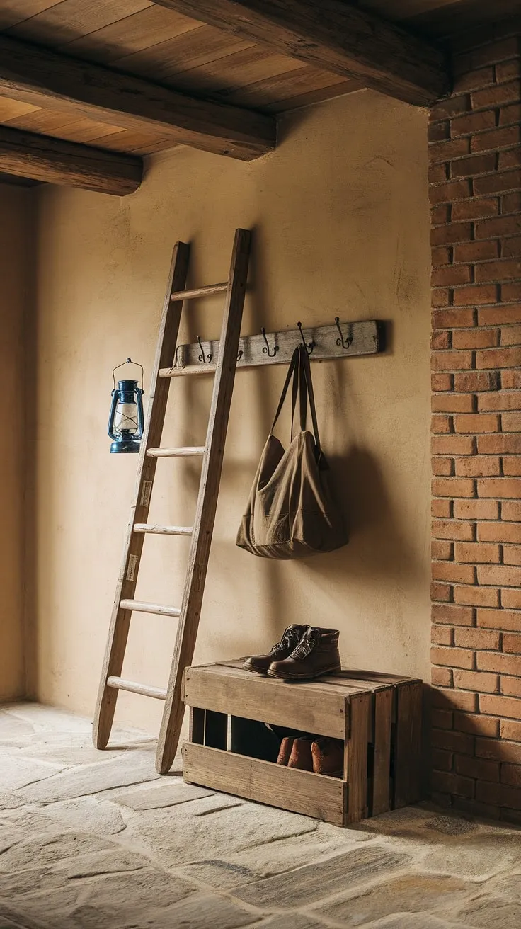 A cozy haven awaits. A simple wooden ladder, adorned with a lantern and bag, hangs against the aged brick. Below, a wooden crate provides a home for sturdy boots. The stone floor and high wooden beams create a space brimming with rustic appeal. A welcoming entrance, full of character and warmth.