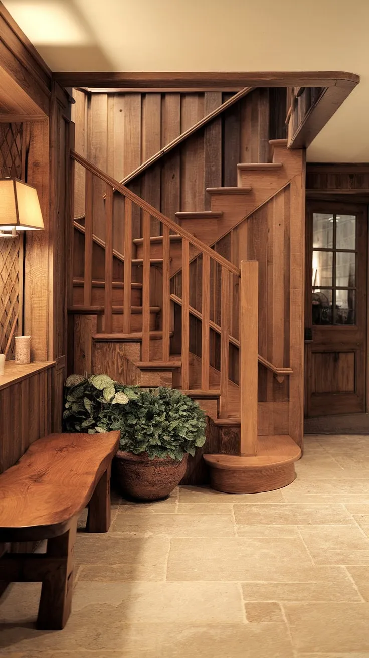 This rustic haven beckons. A simple wooden bench offers a moment's rest before ascending the inviting staircase, its slatted railing a testament to understated elegance. The warm lighting and earthy tones create a tranquil atmosphere, perfect for unwinding after a long day. A touch of greenery adds a vibrant contrast to the rich wood tones.