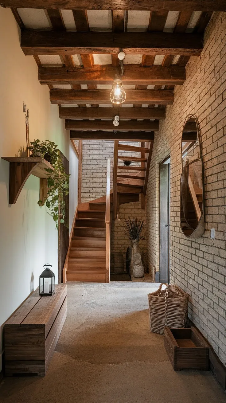 Warm lighting illuminates the rustic charm of this entryway, where exposed brick walls meet a sturdy wooden beam ceiling. A simple wooden shelf, holding a thriving plant, adds a touch of nature to the concrete floor and aged wooden staircase. The overall effect is one of comforting, lived-in beauty.