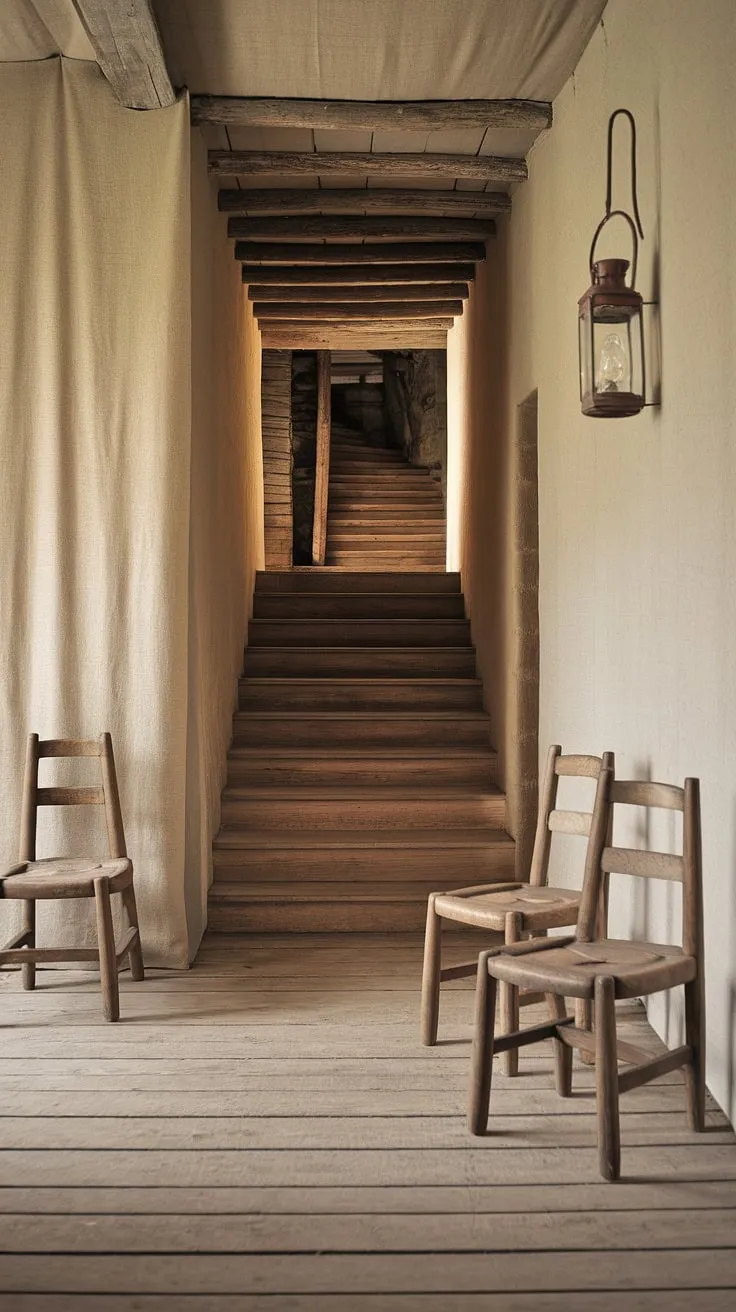 The soft light filtering through the fabric-covered walls illuminates the worn wooden staircase and simple chairs, creating a haven of rustic charm. A sense of quiet history hangs in the air, whispering tales of generations past. A perfect blend of comfort and aged elegance.