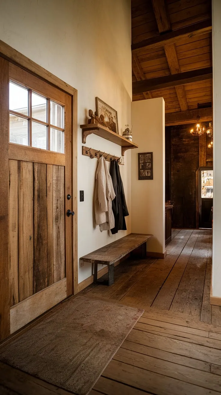 Step into warmth and rustic charm. The worn rug underfoot, the scent of aged wood, and the quiet promise of stories held within these walls-this entryway whispers of home. A comforting space, a place to shed the day and embrace the evening. A perfect blend of simple elegance and lived-in comfort.