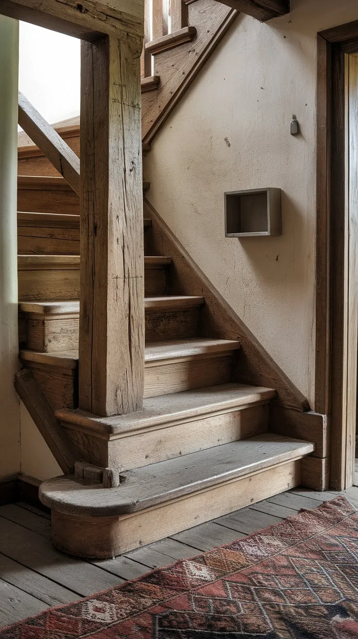 This rustic entryway, with its weathered staircase and worn rug, whispers tales of generations past. The thick wooden beams of the railing and the small, square shelf on the wall add to the home's undeniable character and A sense of enduring warmth. A place where memories are made and time seems to slow.