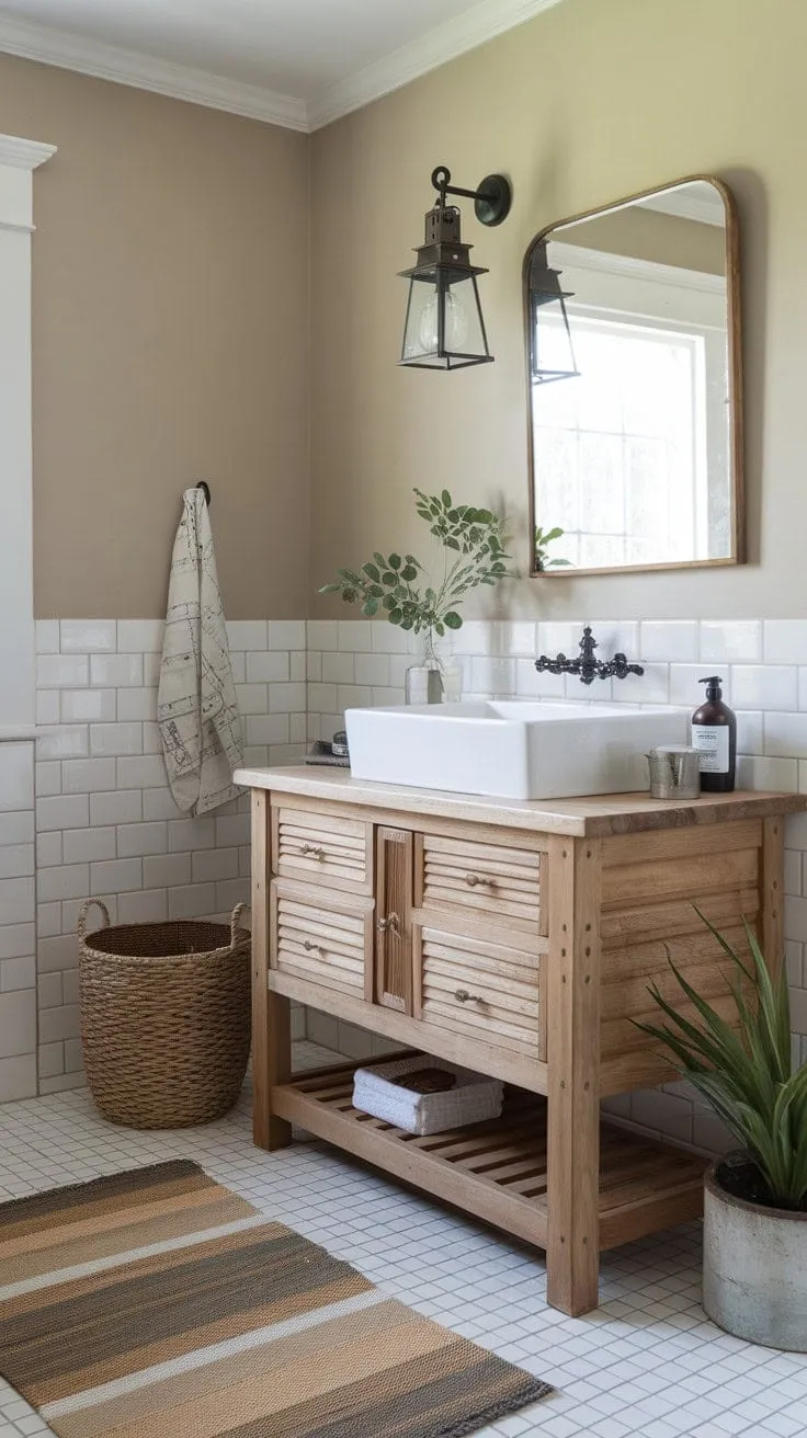 This farmhouse bathroom beautifully blends rustic charm with modern elegance, featuring a warm wood vanity, sleek black faucet, and charming decor accents.