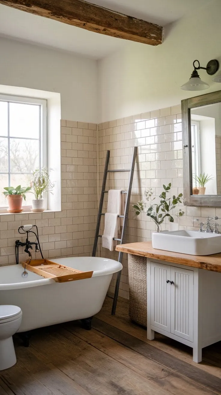 This farmhouse bathroom blends rustic charm with modern comfort, featuring aged wood and vintage accents for a uniquely inviting sanctuary.