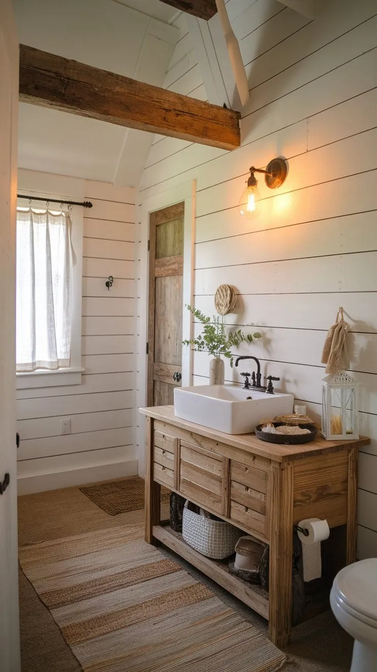 Sunlight bathes the farmhouse bathroom in warmth, highlighting its rustic charm and creating an inviting retreat of simple elegance.