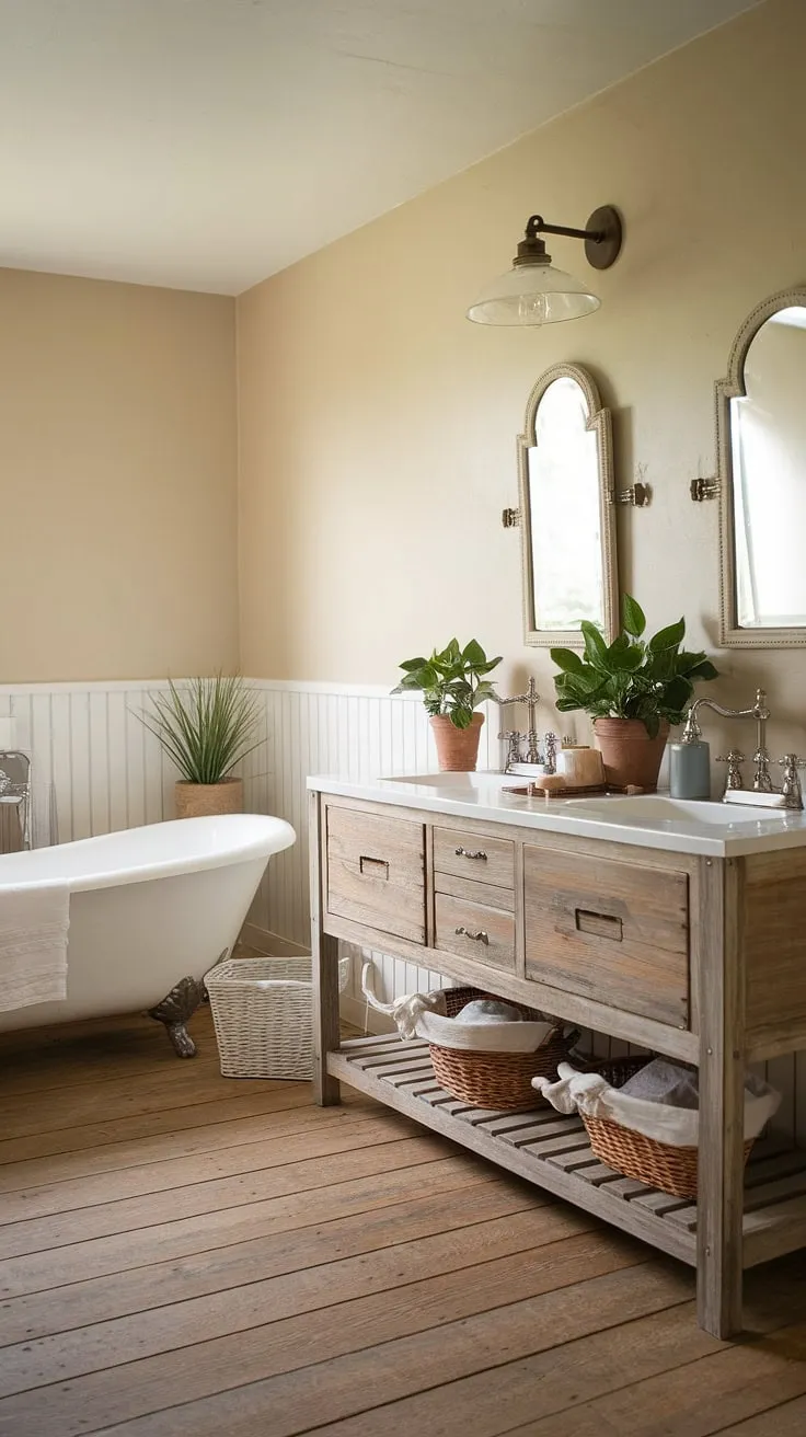 With its warm beige walls, wooden planks, and charming accents, this rustic bathroom decor exemplifies a delightful bathroom redo in farmhouse style.