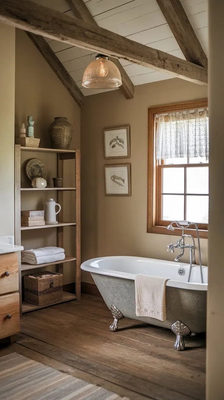 With its beige walls, wooden planks, and charming decor, this bathroom redo captures the essence of rustic bathroom decor and farmhouse bathroom decor.