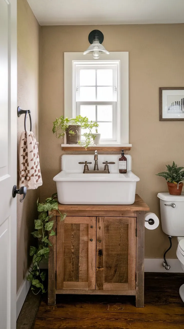 This rustic bathroom decor showcases a cozy farmhouse bathroom style with a beige palette, wooden floors, and a touch of greenery.