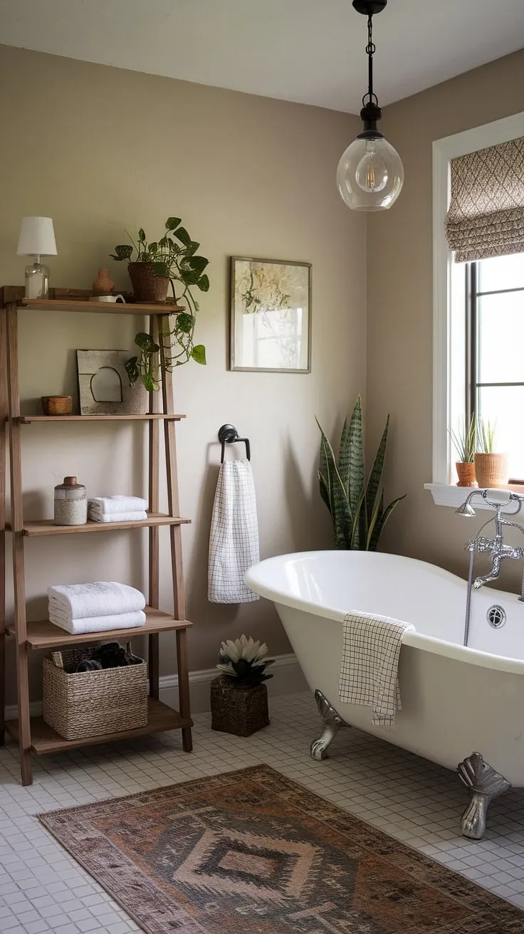 Transform your restroom decor with a rustic farmhouse bathroom featuring a white clawfoot tub, vintage light fixture, and DIY farmhouse decor for a charming bathroom redo.
