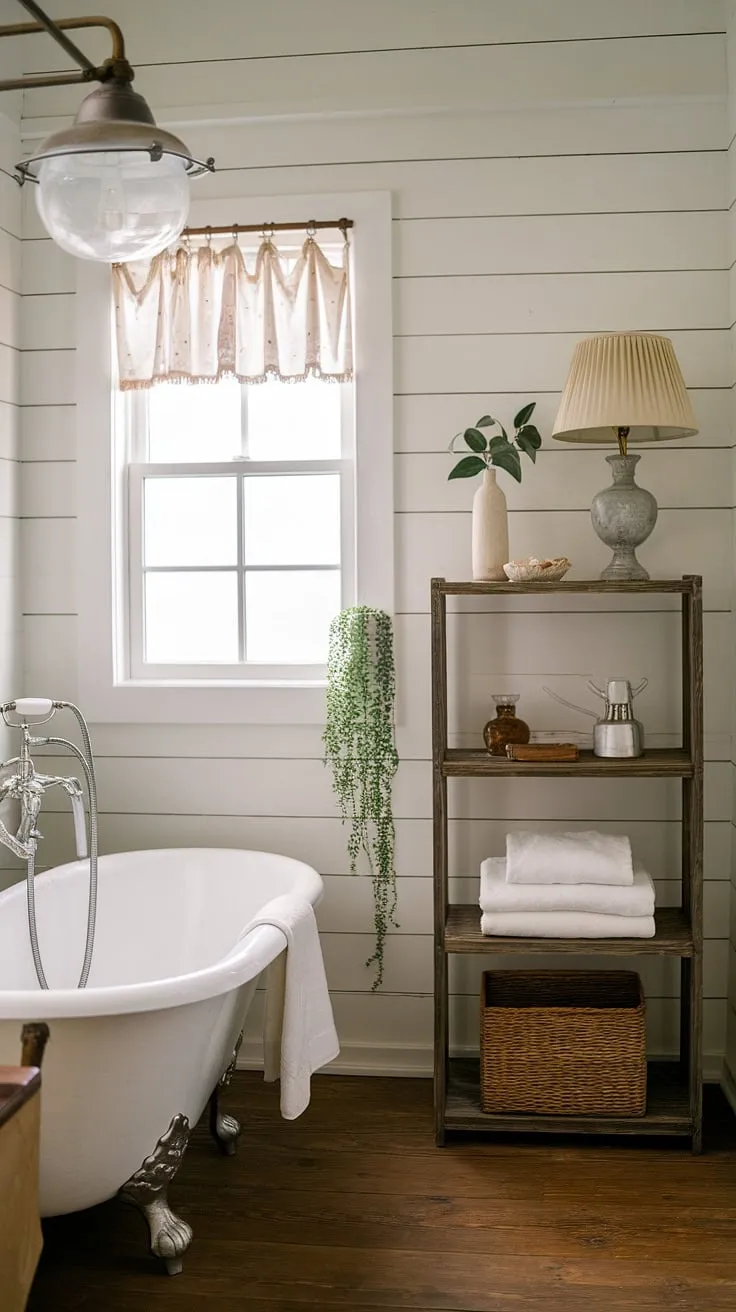 Transform your restroom decor with a rustic farmhouse bathroom featuring a white clawfoot tub, vintage light fixtures, and DIY farmhouse decor for a charming bathroom redo.