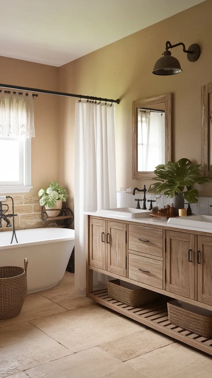 With its beige walls, potted plants, and rustic light fixture, this bathroom redo showcases stunning farmhouse bathroom decor and DIY farmhouse decor ideas.