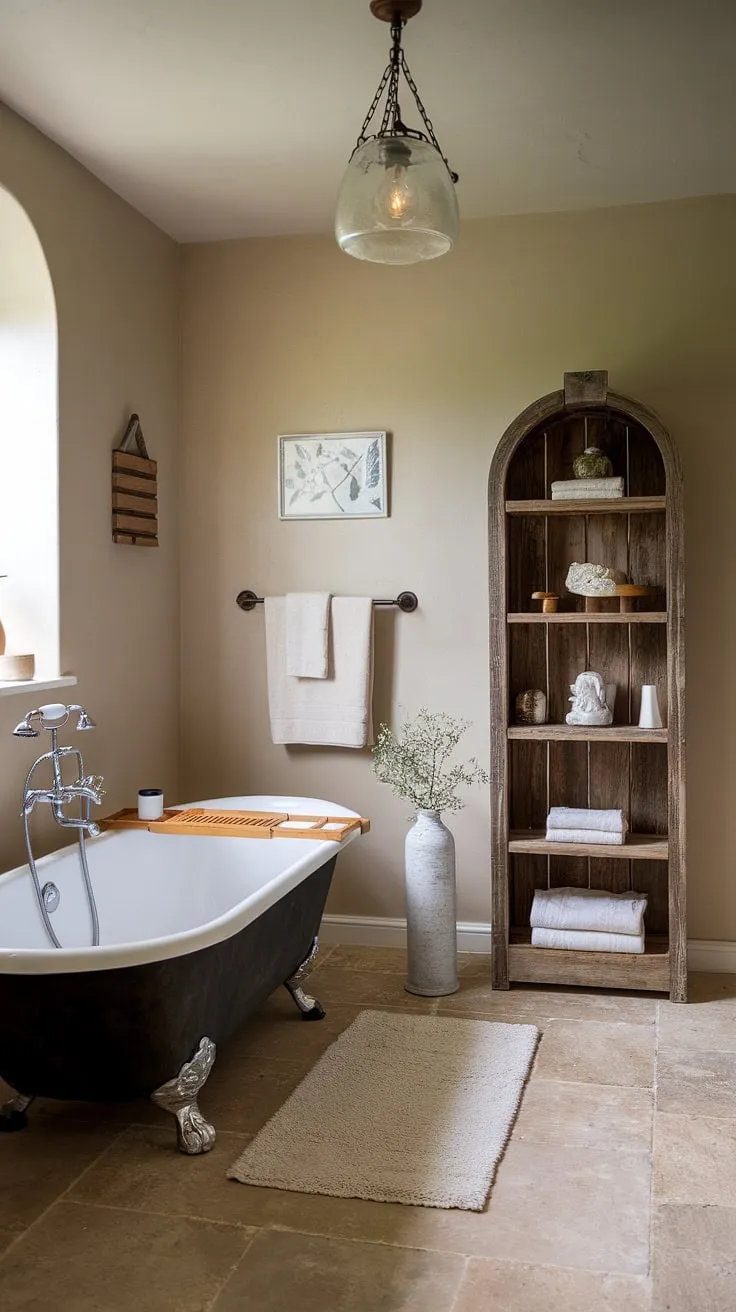 Transform your restroom decor with a rustic farmhouse bathroom featuring a clawfoot tub, wooden shelf, and vintage light fixture for the perfect bathroom farmhouse style.