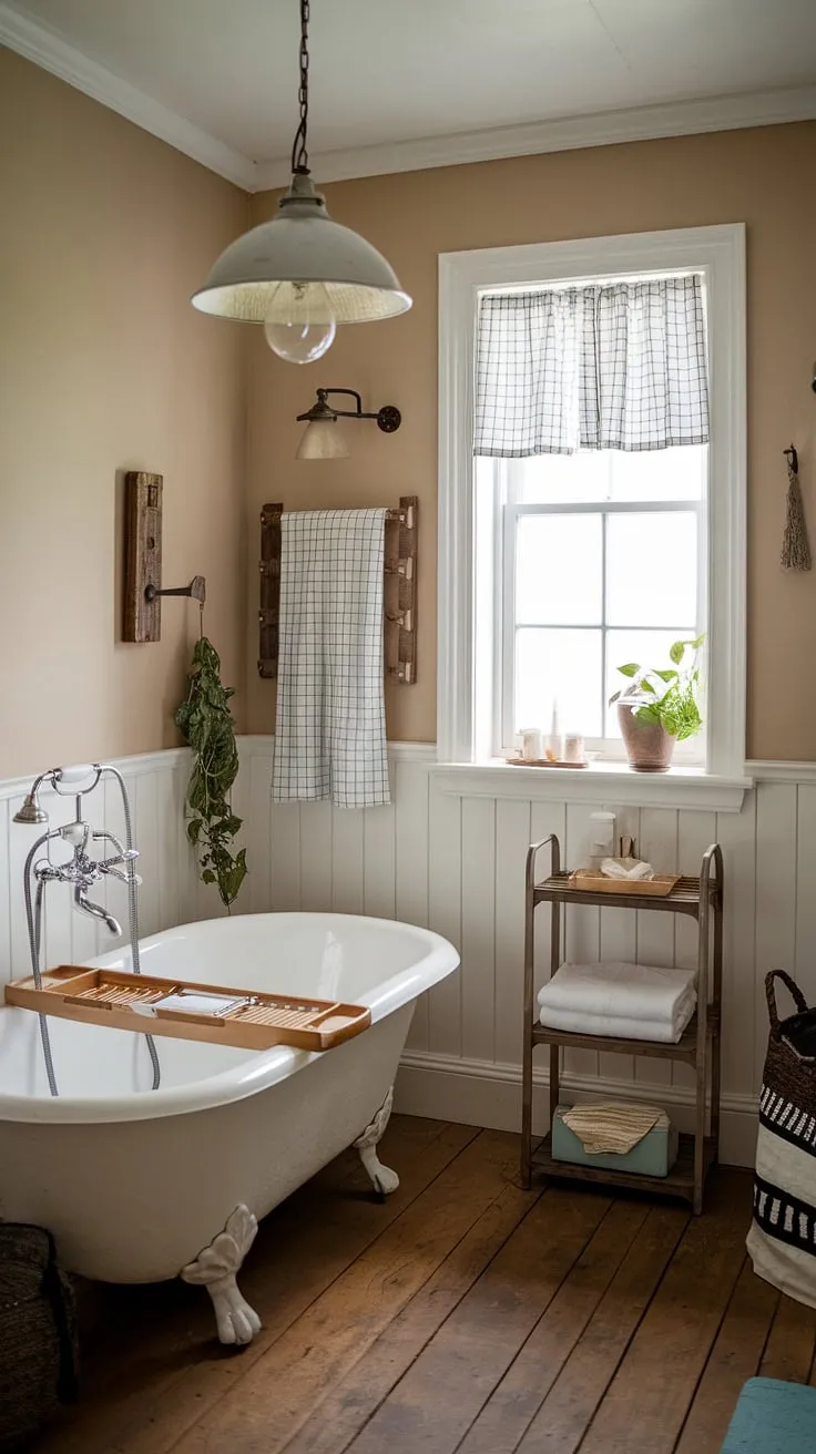 With its soft beige walls, wooden planked floor, and carefully curated rustic bathroom decor, this bathroom redo captures the essence of cozy restroom decor.