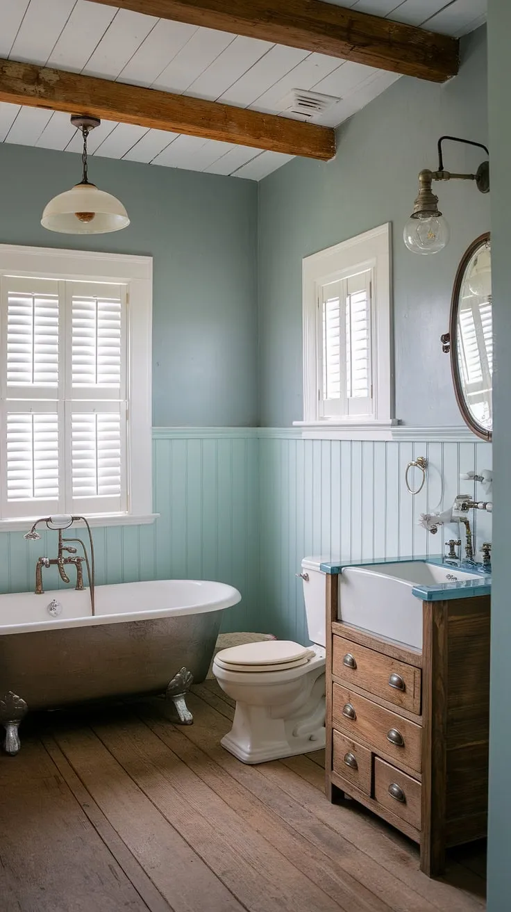 With its light blue walls, vintage fixtures, and wooden accents, this rustic bathroom decor transforms a simple restroom into a charming retreat.
