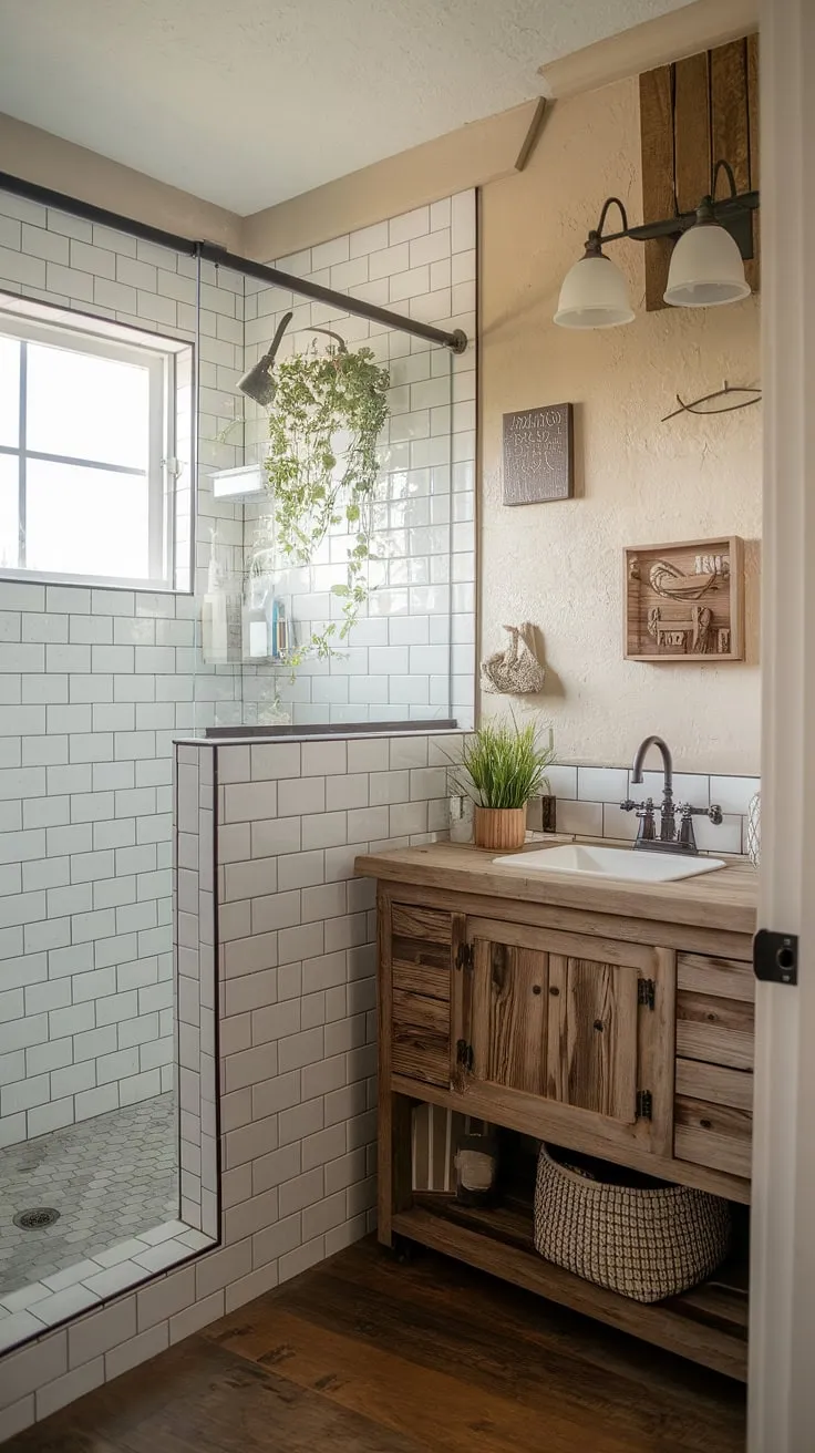 Transform your restroom decor with a rustic farmhouse bathroom featuring a subway tile shower, wooden vanity, and charming DIY farmhouse decor.