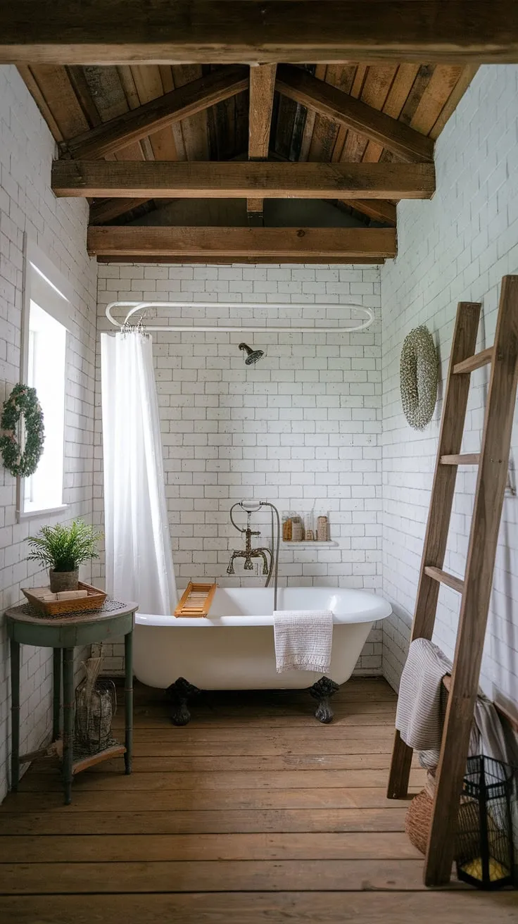 With its white brick walls and rustic bathroom decor, this farmhouse bathroom showcases DIY farmhouse decor ideas that elevate restroom decor to a new level.