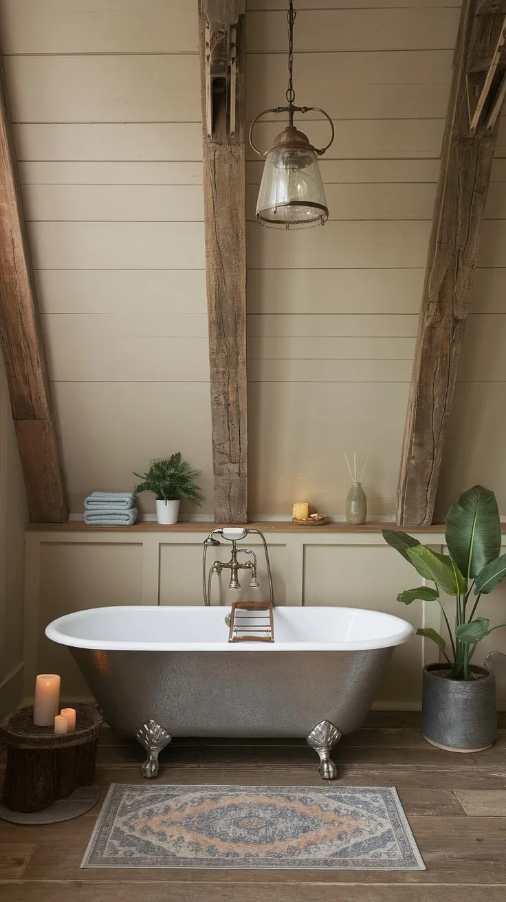 With its vintage light fixture, potted plant, and warm beige walls, this rustic bathroom decor captures the essence of a cozy farmhouse bathroom.