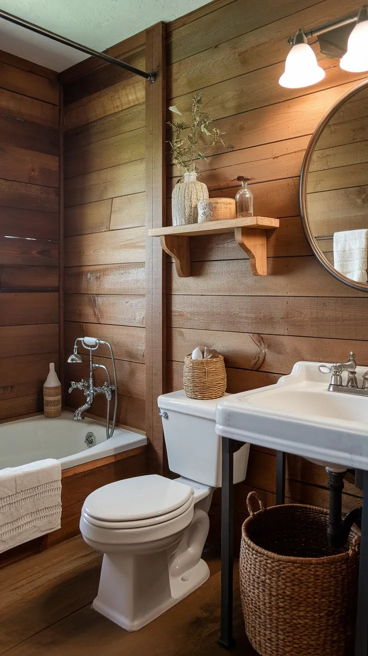 Transform your restroom decor with a cozy rustic farmhouse bathroom featuring wood-planked walls, a vintage sink, and charming DIY farmhouse decor.
