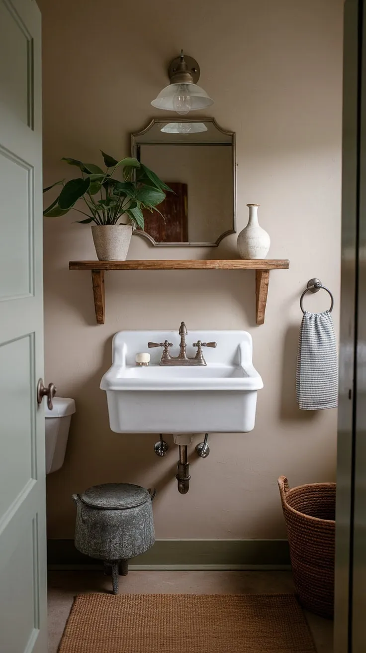 This charming bathroom redo showcases farmhouse bathroom decor with a beige wall and cozy rug, perfect for achieving a stylish bathroom farmhouse style.